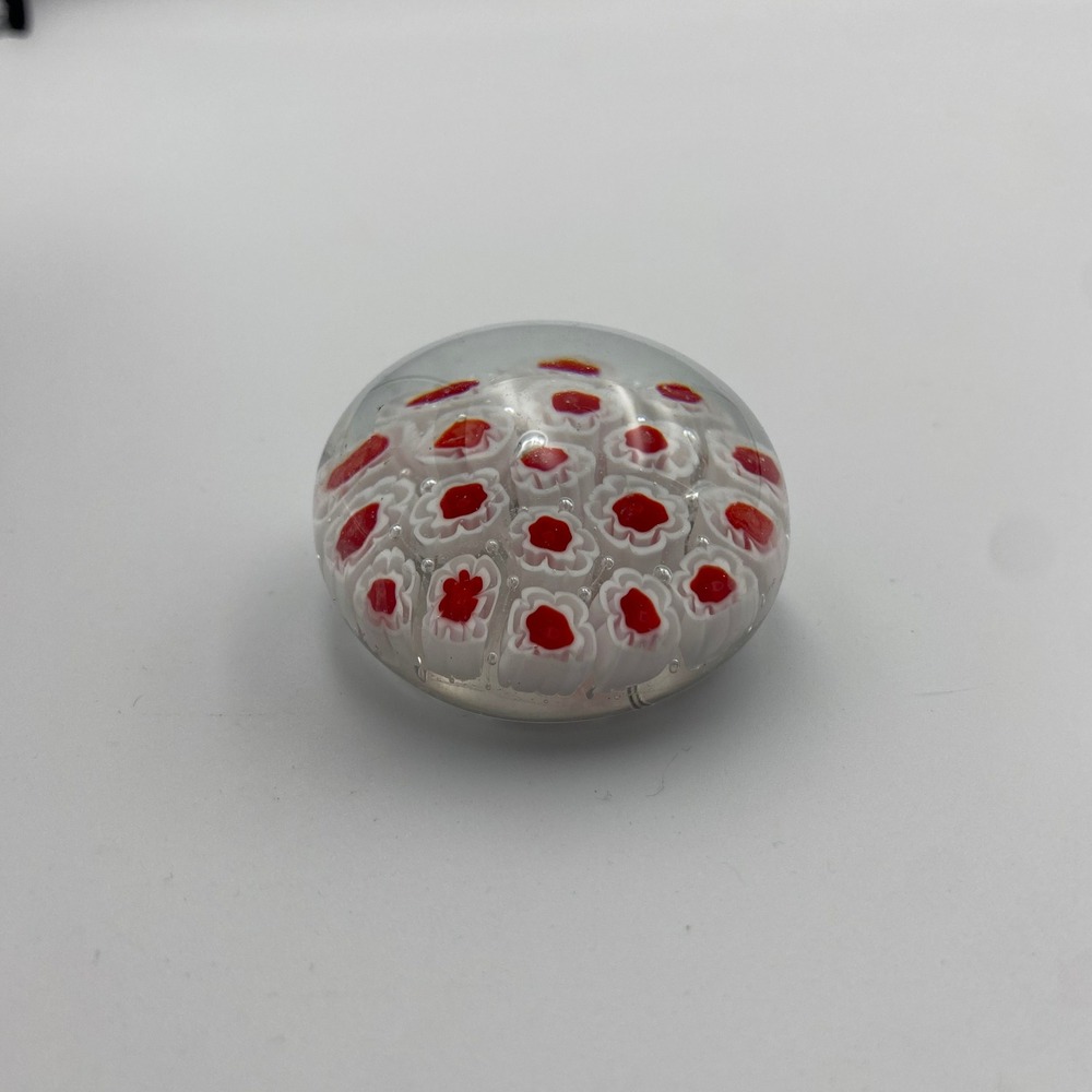 Vintage Red and White Millefiori Art Glass Paperweight Round Floral Dome 2 Inch - Picture 3 of 5